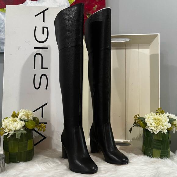 NEW Via Spiga Pebbled Leather Over The Knee OTK Chunky Heel Almond Boots 5.5 NIB - Picture 1 of 16